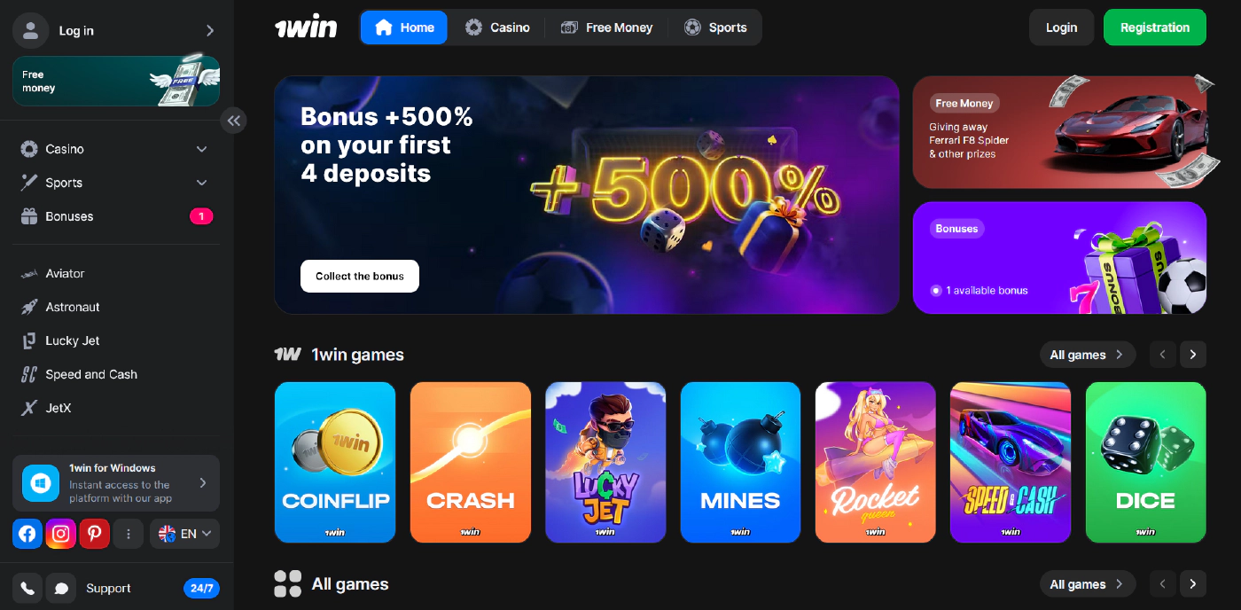 Official 1win India homepage with access to sports betting and online games